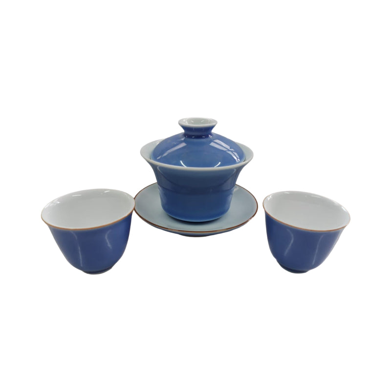 Pastel Blue Glaze Teaware Set (Covered Bowl with Pair of Tea Cups)