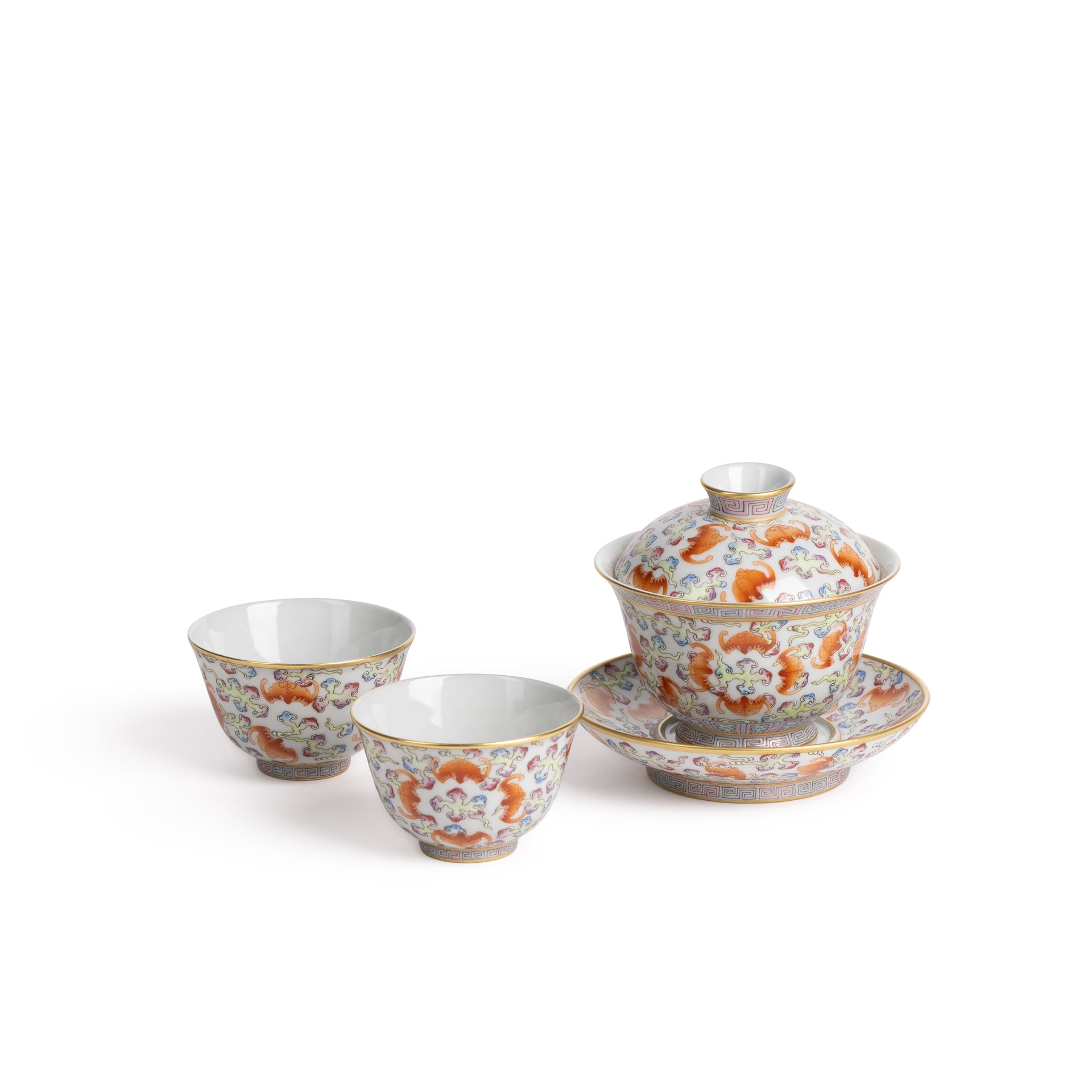 Famille Rose décor with Clouds & Bats, gilded Covered Bowl with Pair of Tea Cups