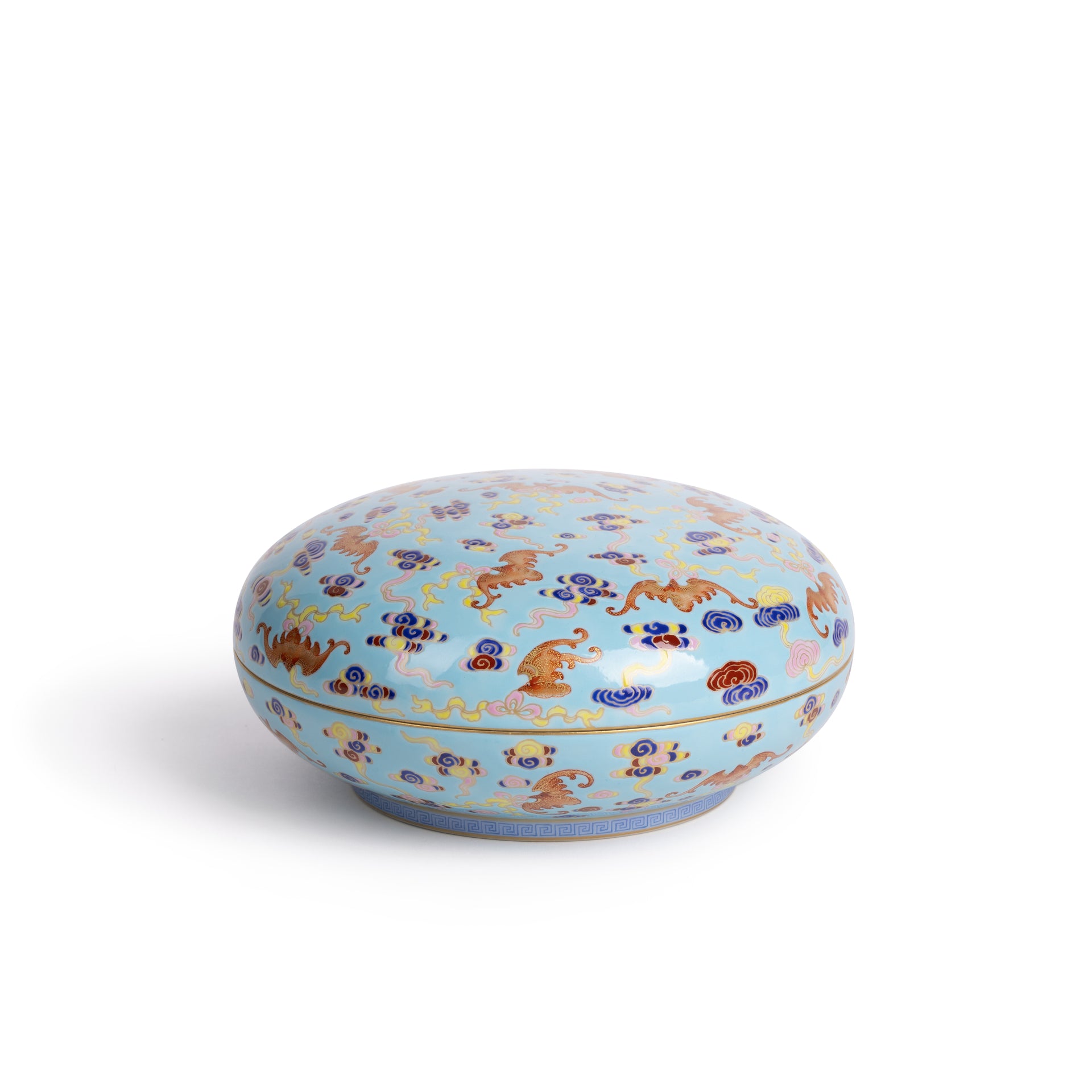 Famille Rose Turquoise Ground décor with Clouds & Bats, gilded PU'ER Disc Tea Caddy