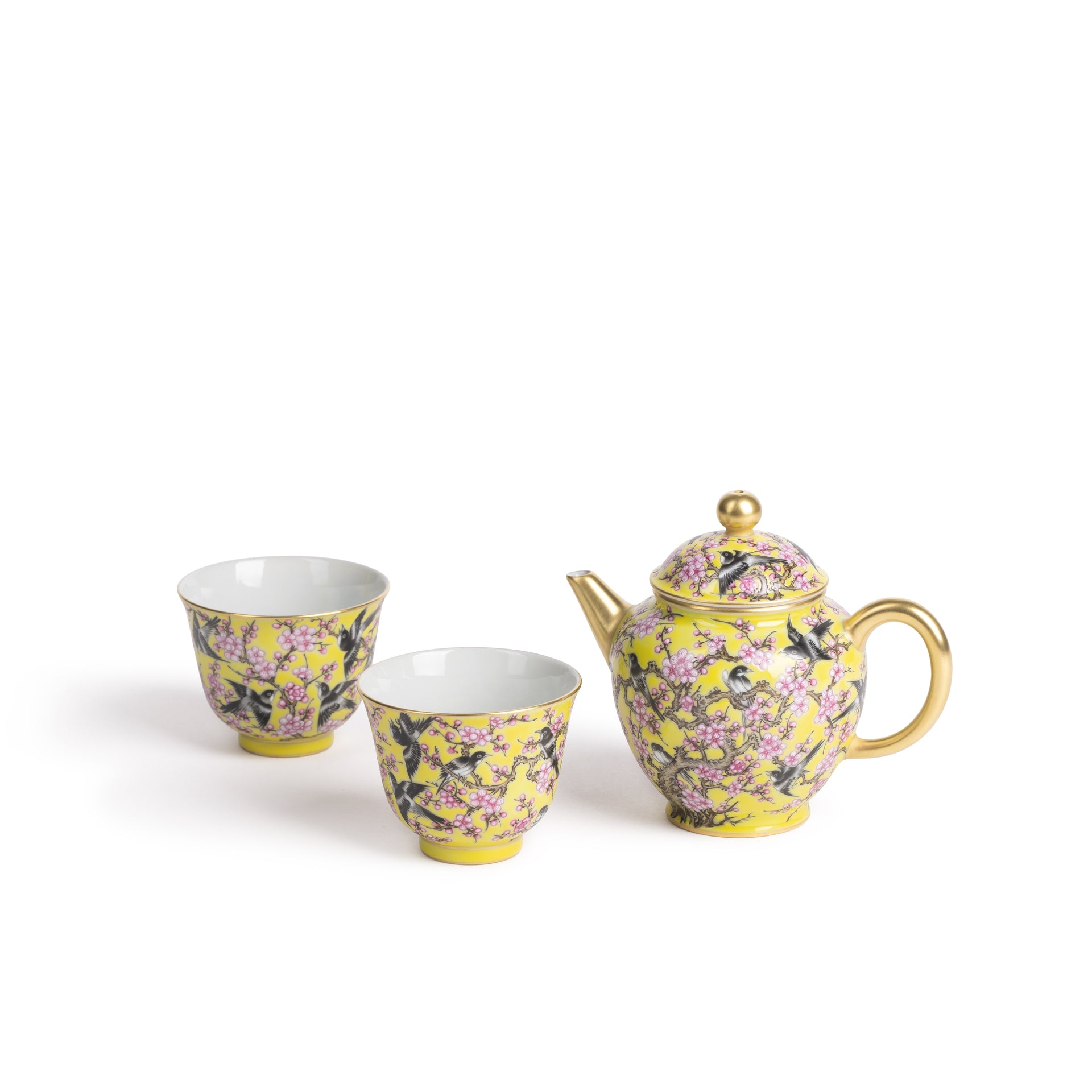 Famille Rose Yellow Ground décor with Magpies & Prunes Branches, gilded Tea Pot with Pair of Cups