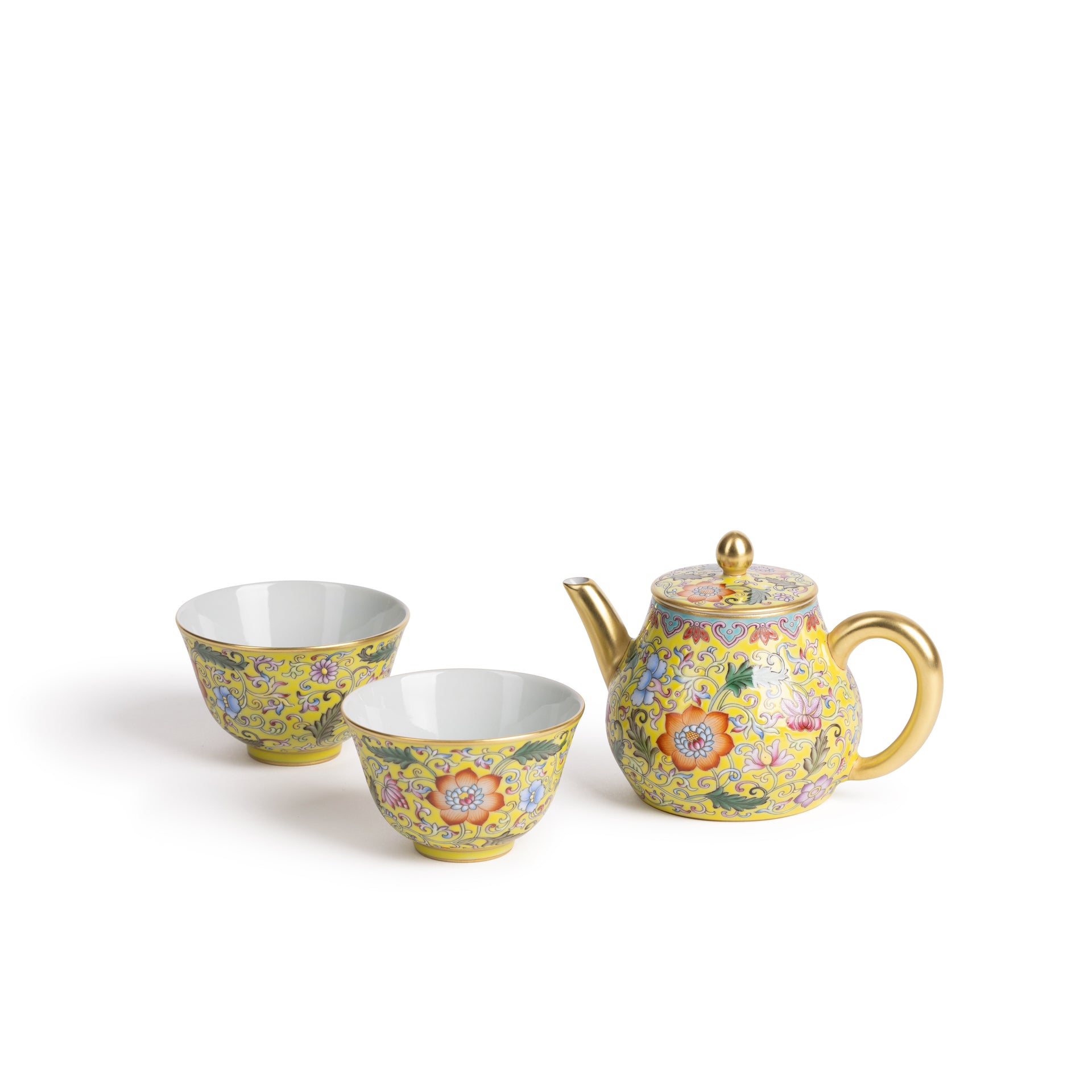 Famille Rose Yellow Ground décor with Flowers, gilded Tea Pot with Pair of Cups