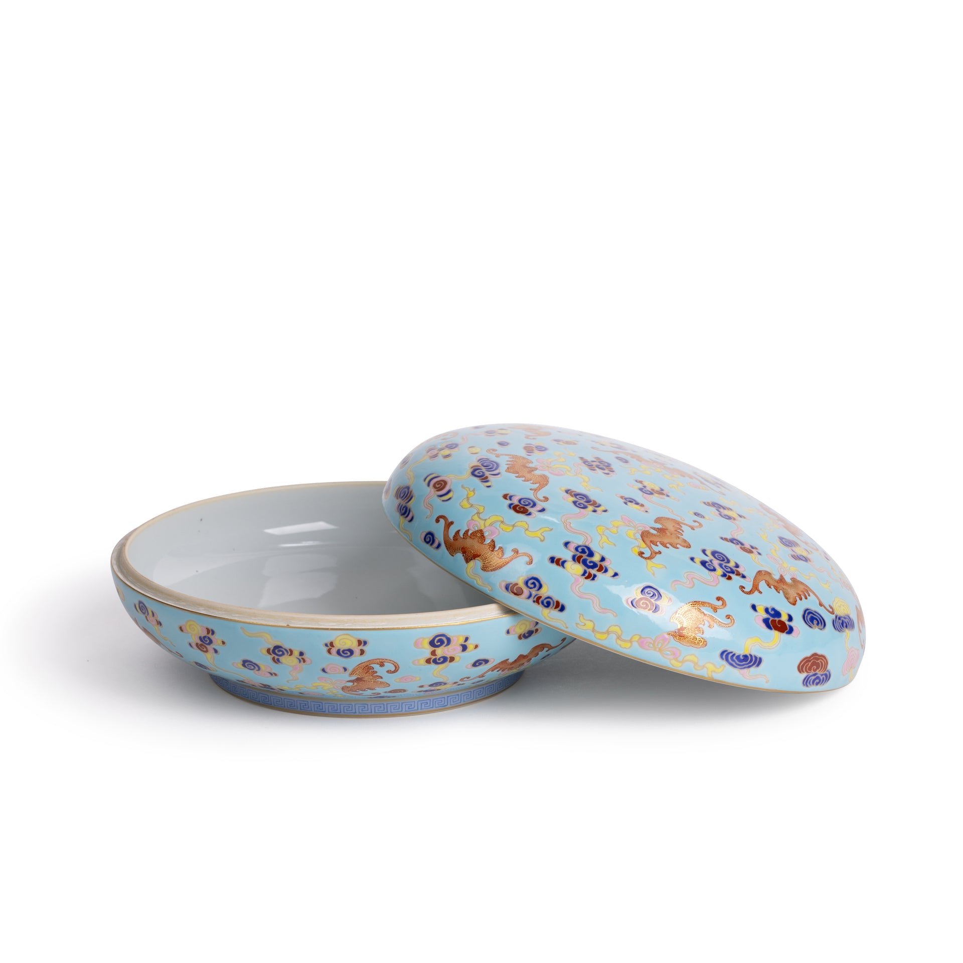 Famille Rose Turquoise Ground décor with Clouds & Bats, gilded PU'ER Disc Tea Caddy