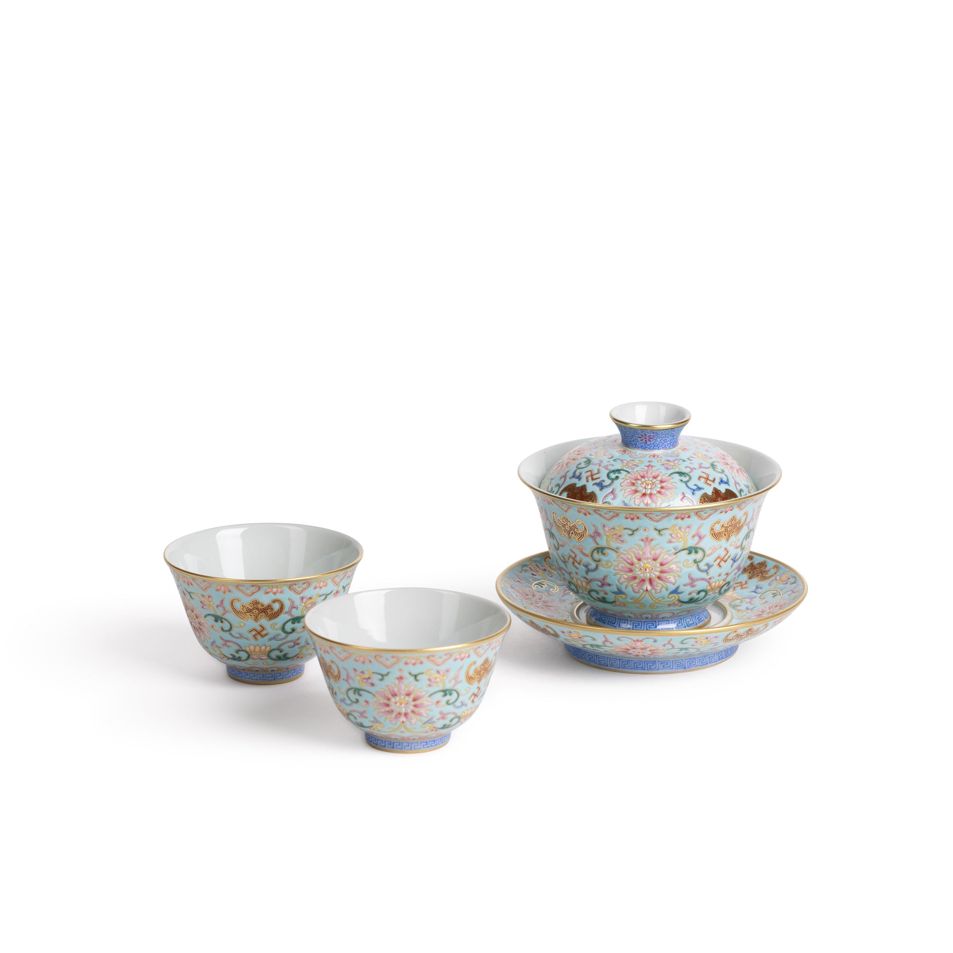 Famille Rose Pale Blue Ground, décor with Bats, Lotus & Swastika gilded Covered Bowl with Pair of Tea Cups