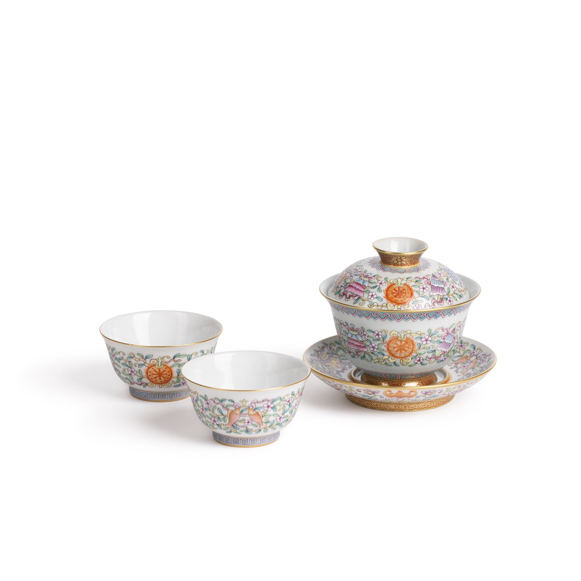 Famille Rose décor with Eight Auspicious Symbols, Covered Bowl with Pair of Tea Cups